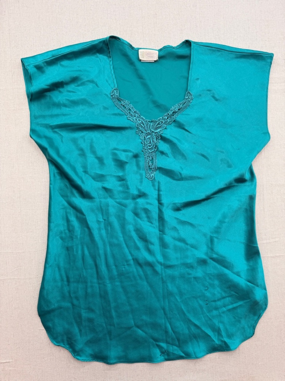 Vintage California Dynasty Silk Teal V-Neck Embroidered Women's Nightgown